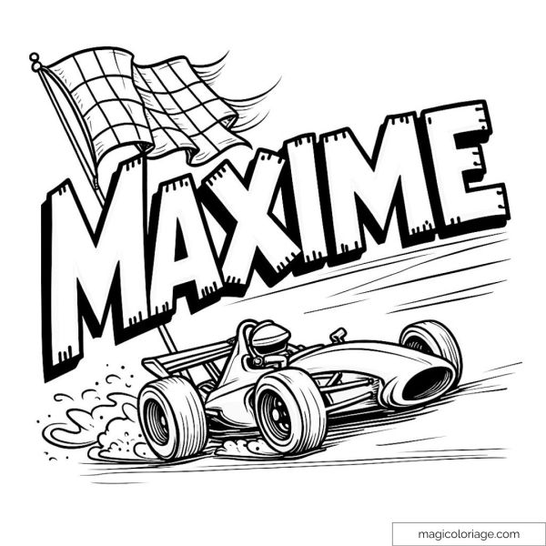 Racing car with driver and Maxime in large text