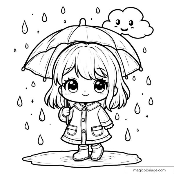 Drawing of a little girl with an umbrella in the rain