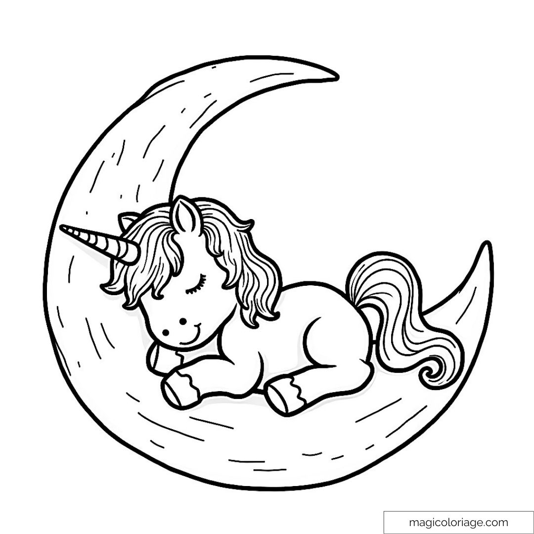 Coloriage de licorne endormie sur un croissant de lune magique