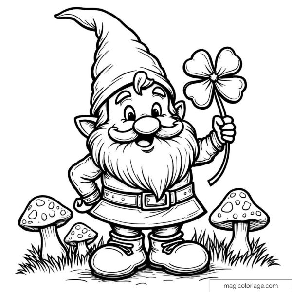 Drawing of a dwarf with clover and magic mushrooms