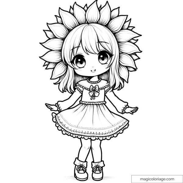 Coloring page of an anime girl with sunflower hair