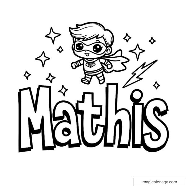 Child superhero drawing with cape and name Mathis