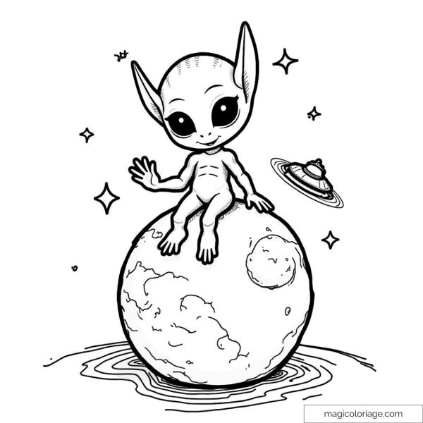 Cute alien sitting on planet with stars and spaceship