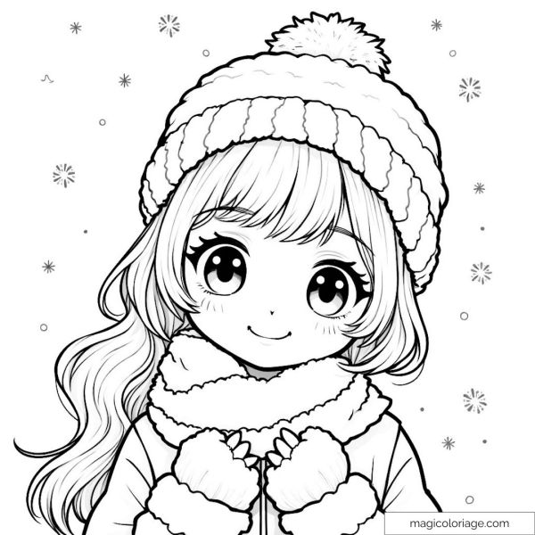Coloring manga girl with hat and scarf