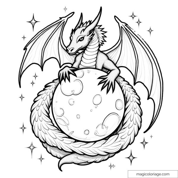 Drawing of a dragon surrounding the moon with its wings spread