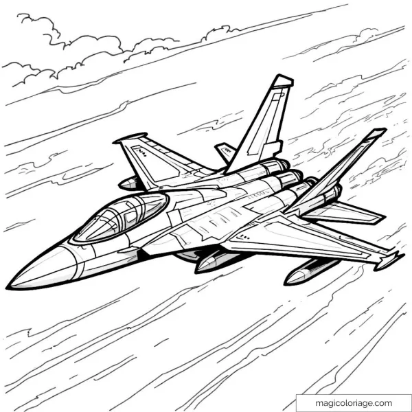 Drawing of a fighter plane flying in the sky for children.