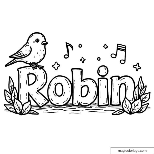 Coloring with bird and musical notes on the word Robin
