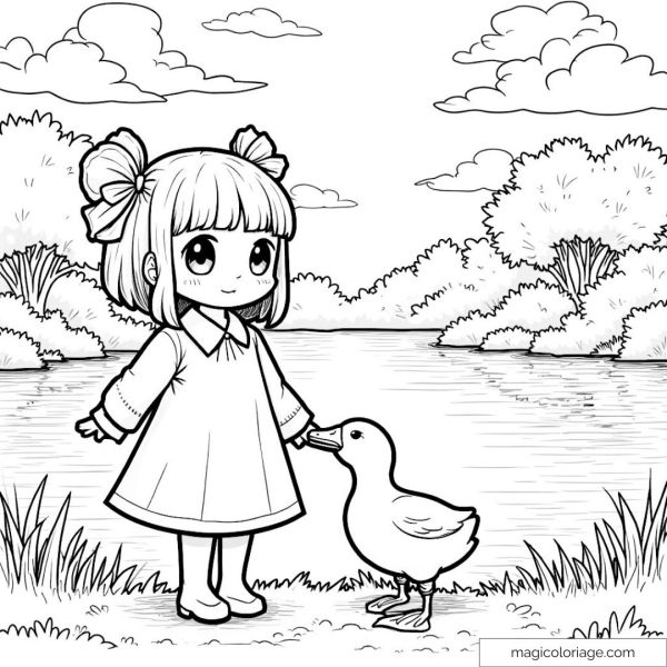 Drawing of a little girl with a duck at the edge of a pond