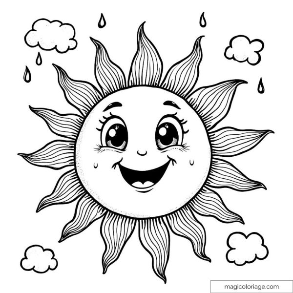 Kleurplaat vrolijke zon met wolken voor kinderen