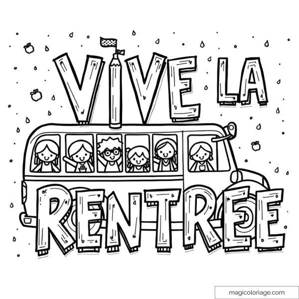 Drawing of a school bus with children and the text "Long live the start of the school year".