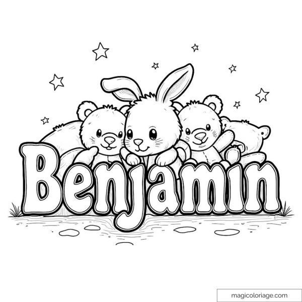 Coloring Benjamin with a rabbit and three teddy bears surrounded by stars