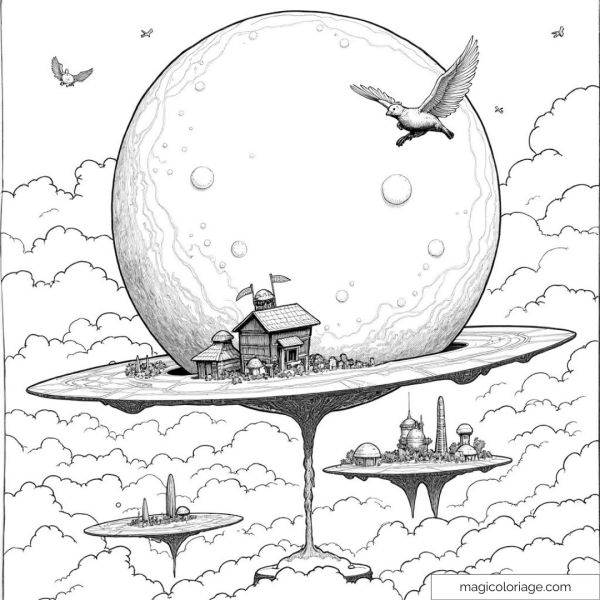 Drawing of dreamlike landscapes with houses and floating planets.