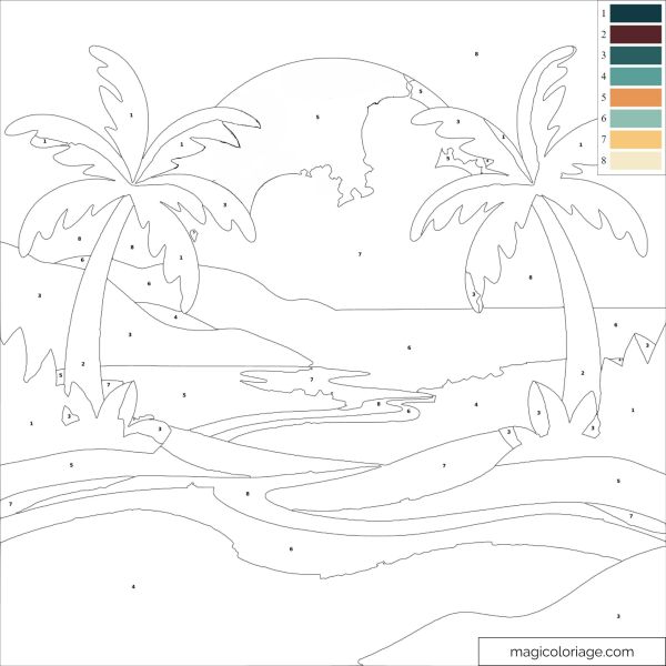 Coloring tropical landscape with palm trees and beach