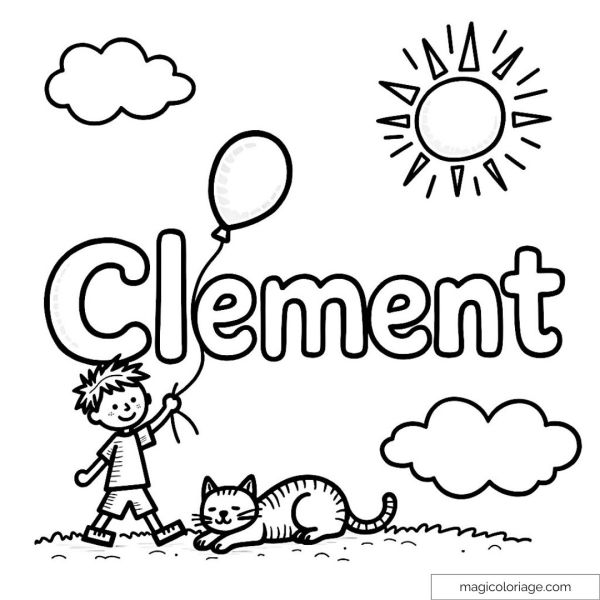 Boy with balloon and cat under sun and clouds