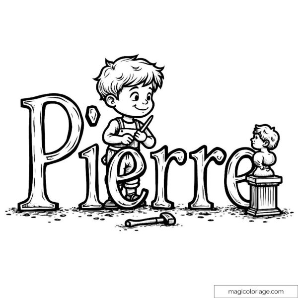 Coloring illustration: first name Pierre with sculpting child