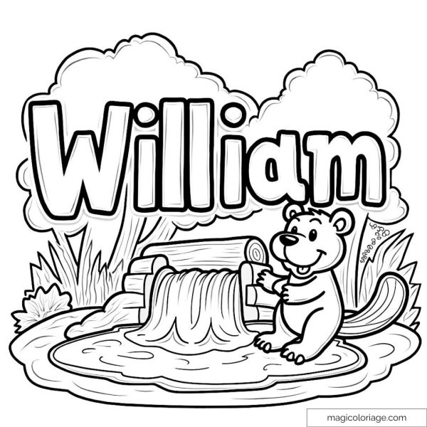 Coloring name William and cute beaver near a waterfall.