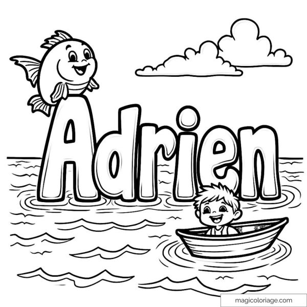 Coloring page of the name Adrien with a friendly fish and a child in a boat on the water.