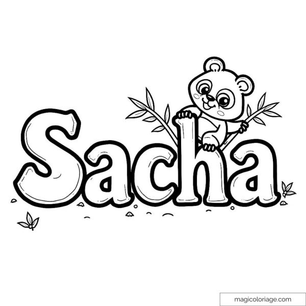 Coloring page of the first name Sacha with teddy bear and bamboo.