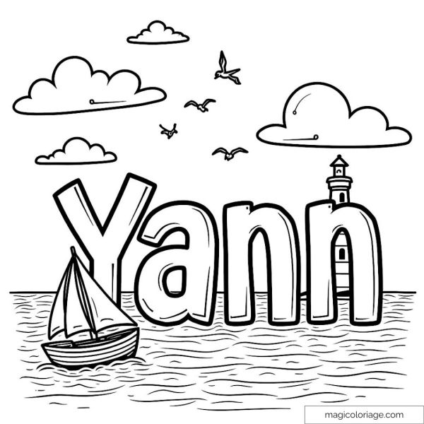 Coloring page with first name Yann and boat