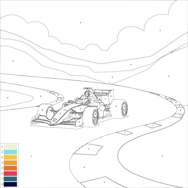 Formula 1 car racing on winding circuit to color.