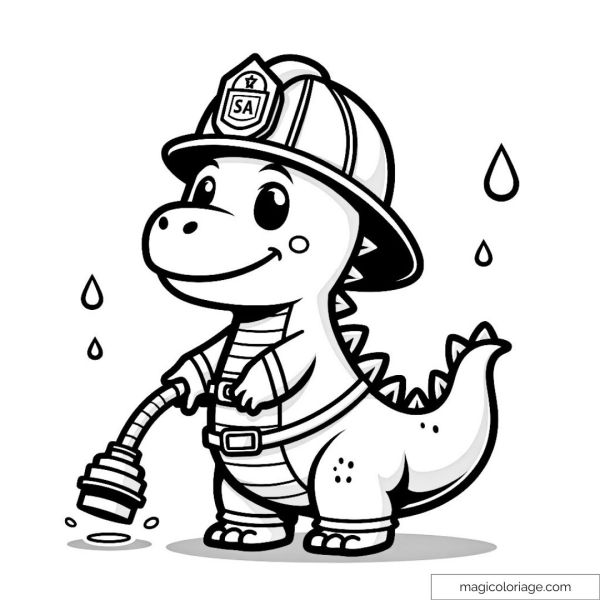 Coloring page of a dinosaur dressed as a firefighter with a helmet and a hose.