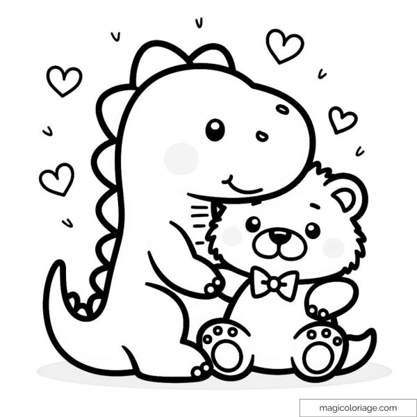 Coloring dinosaur hugging a bear with hearts.
