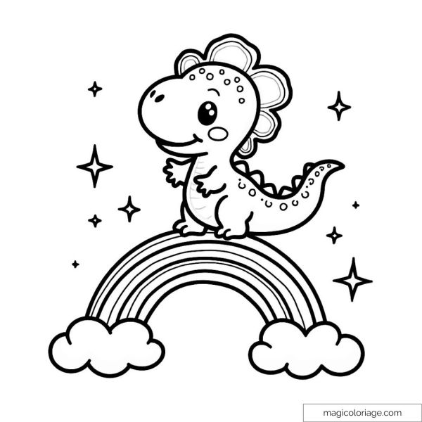 Cute dinosaur on rainbow with stars coloring page.