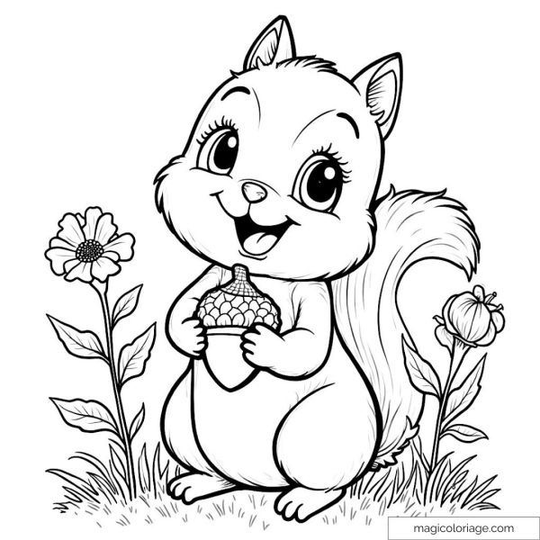 Squirrel with acorn and flowers