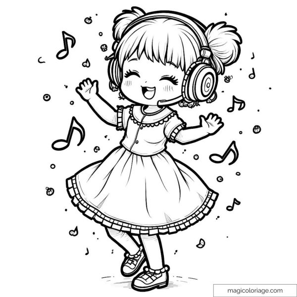 Happy child listening to music with headphones and musical notes.
