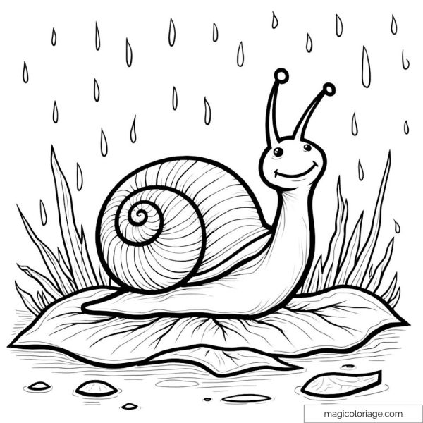 Drawing of a smiling snail on a leaf in the rain.