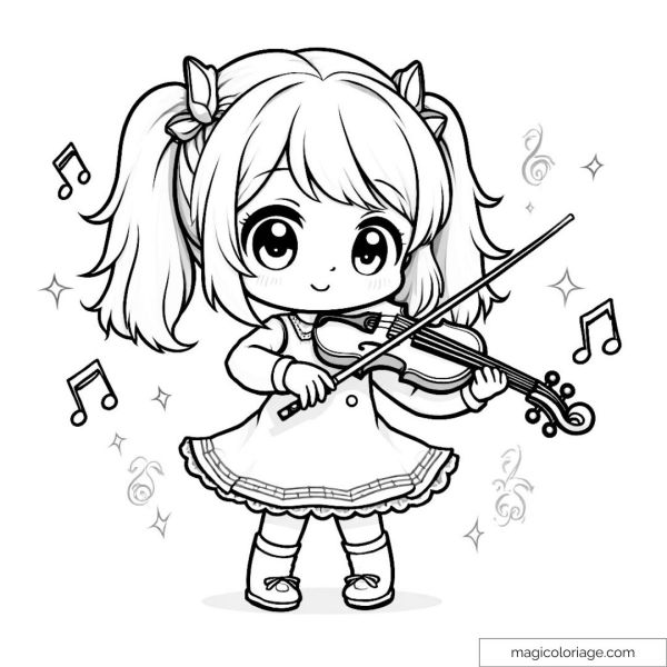 Chibi girl playing violin surrounded by musical notes.