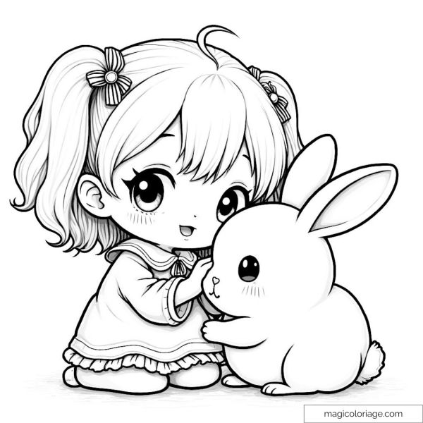 Coloring page of little girl with cute rabbit