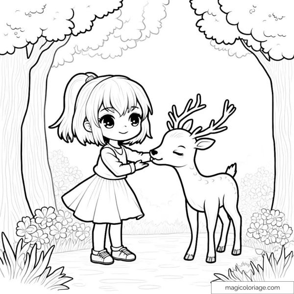 Coloring little girl with fawn in an enchanted forest