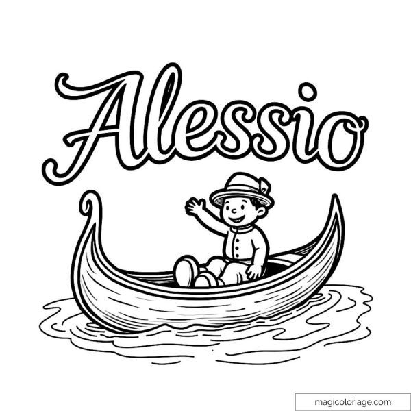 Coloring page of a child named Alessio on a gondola.
