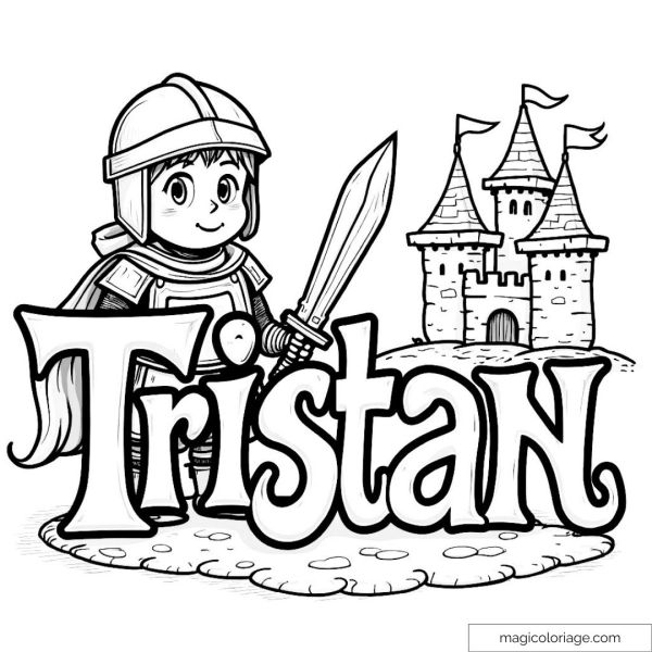 Knight Tristan with sword in front of a medieval castle