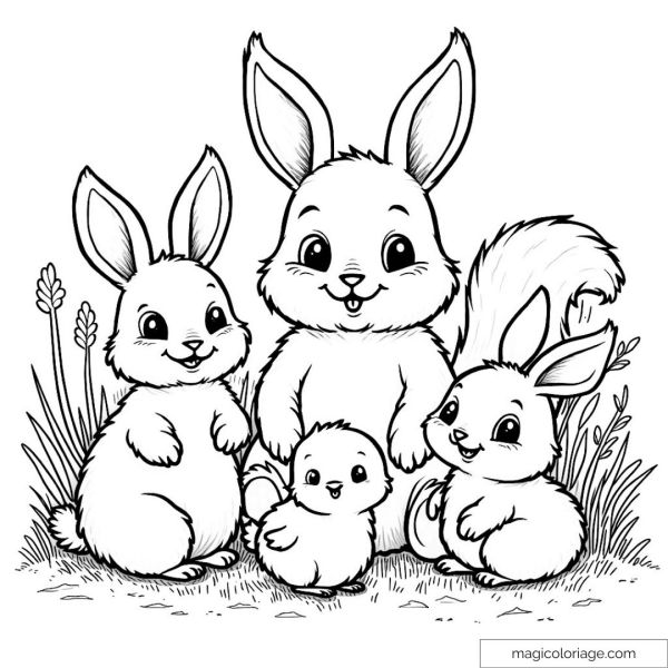 Cute rabbits and chick in a field with flowers coloring page.