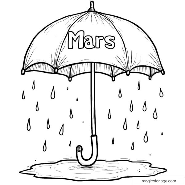 Umbrella marked "Mars" with raindrops and puddle.