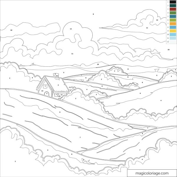 Landscape drawing with house and clouds