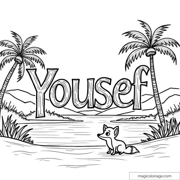 Drawing of a tropical landscape with a fox and the first name Yousef.
