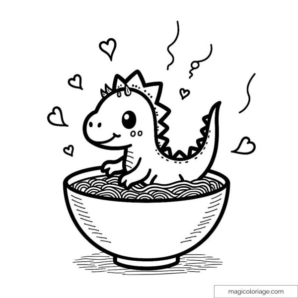 Cute dinosaur in a bowl of noodles with hearts.