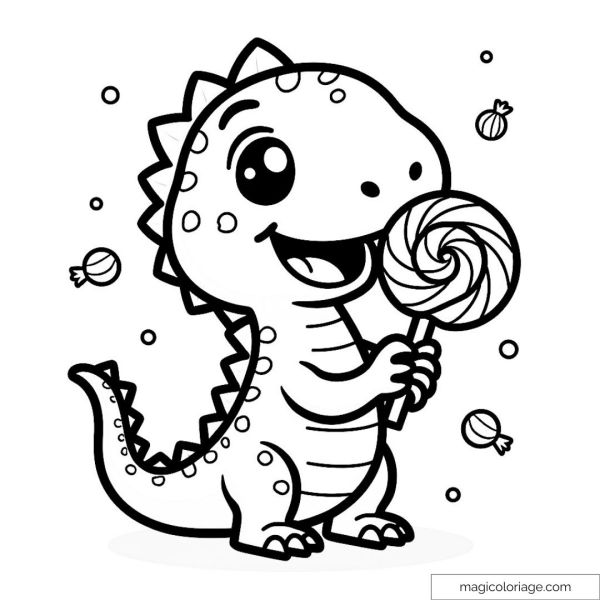Cute dinosaur coloring page holding a big lollipop.