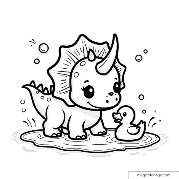 Little triceratops and duck playing in a puddle.