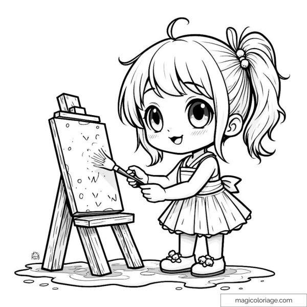 Little girl painting on easel