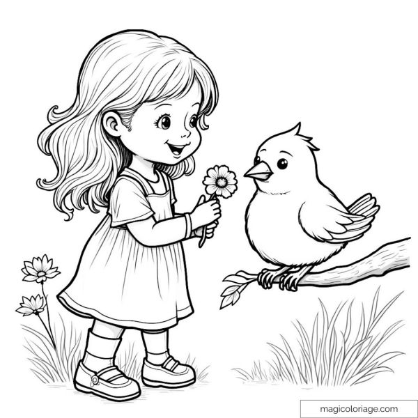 Little girl holding a flower facing a bird on a branch