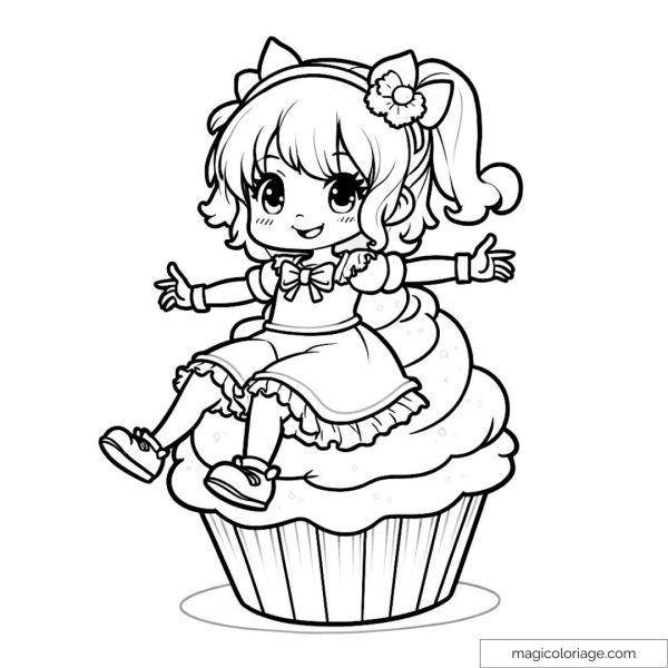 Drawing of a kawaii girl on a cupcake