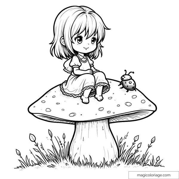 Drawing of a child sitting on a mushroom with a ladybug.
