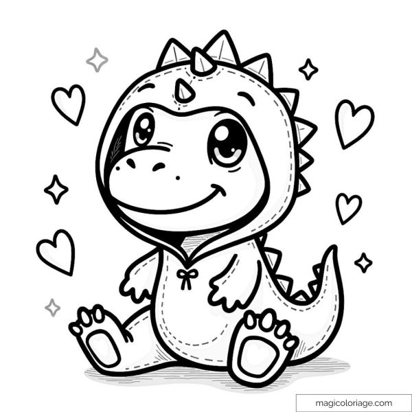 Drawing of a cute character in a dinosaur costume with hearts around it