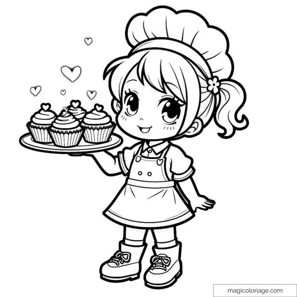 Coloring page of a little girl pastry chef with cupcakes on a tray.
