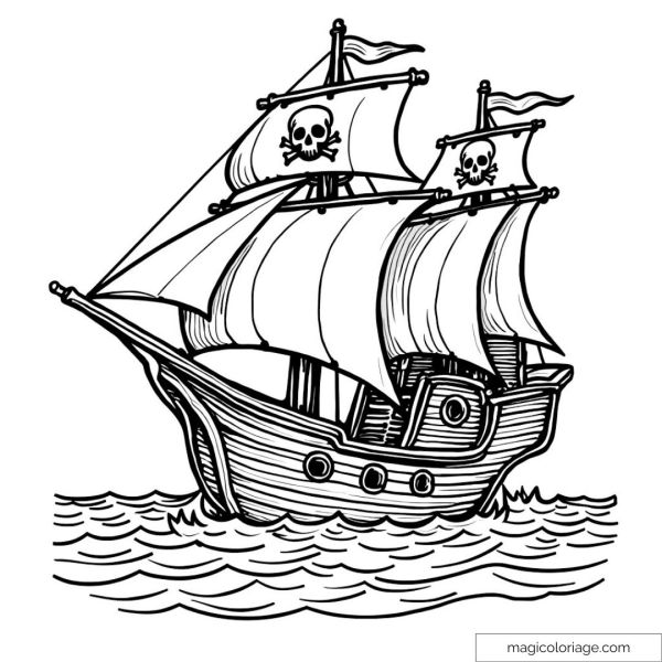 Bateau pirate avec voiles et drapeaux à colorier