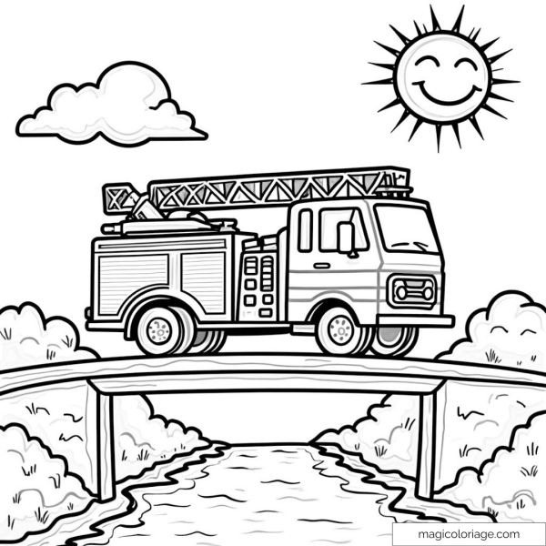 Colorable fire truck on a bridge with smiling sun.